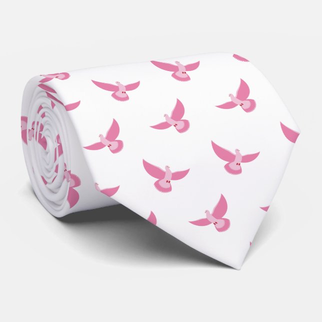 Elegant Pink on White Pigeon Seamless Pattern  Tie (Rolled)
