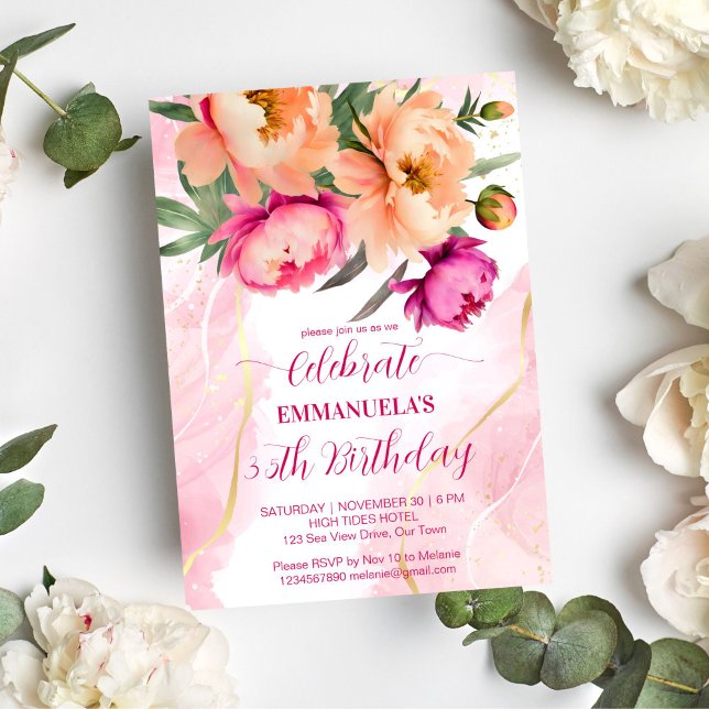 Elegant pink orange floral birthday party template (Elegant pink orange peonies floral birthday party editable  template invitation digital download)