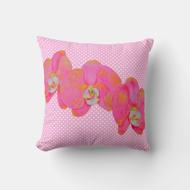 Elegant pink orange watercolor orchids  cushion (Front)