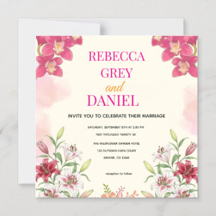 Elegant Pink Orchid and Lily Floral Invitation 