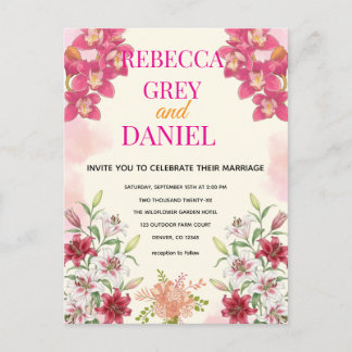 Elegant Pink Orchid and Lily Floral Invitation Postcard
