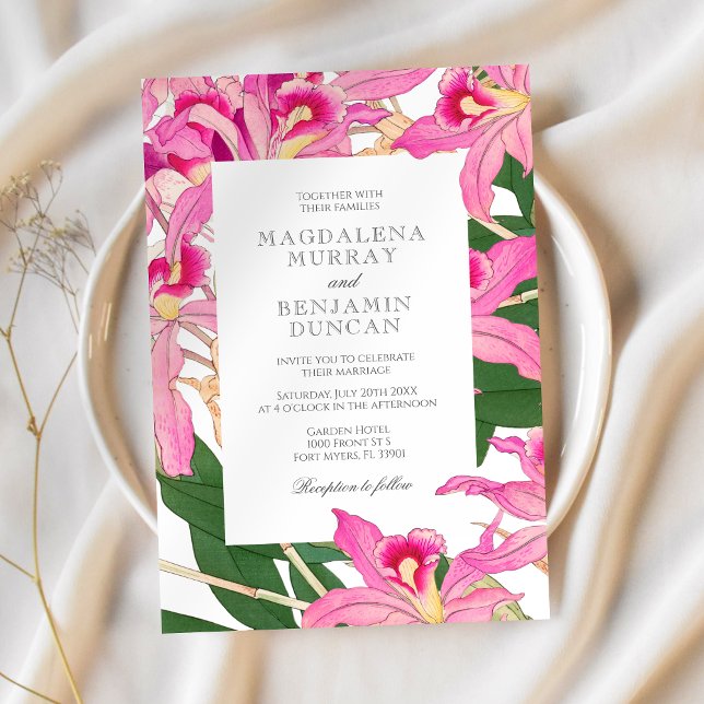 Elegant Pink Orchid Blooms Tropical Floral Wedding Invitation (Creator Uploaded)
