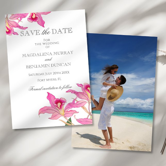 Elegant Pink Orchid Blooms Tropical Photo Wedding Save The Date (Creator Uploaded)