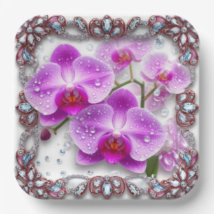 Elegant Pink Orchid Flowers Paper Plate