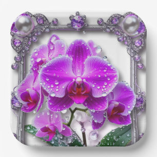 Elegant Pink Orchid Flowers Paper Plate