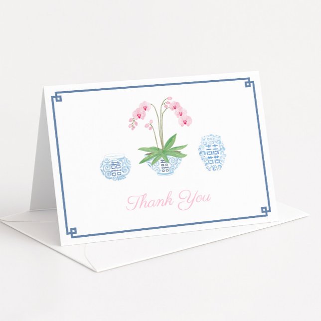 Elegant Pink Orchid Ginger Jars Bridal Shower Thank You Card (Smart navy and pink chinoiserie bridal shower thank you card design with watercolor pink orchid)