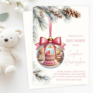 Elegant Pink Ornament Christmas Baby Shower Invitation
