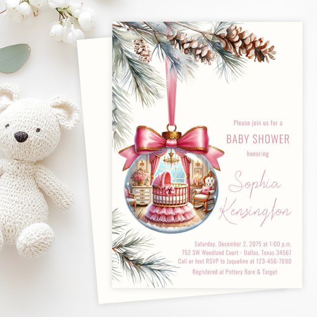 Elegant Pink Ornament Christmas Baby Shower Invitation (Girl Christmas tree ornament baby shower invitation with glass ornament with pink nursery scene. )