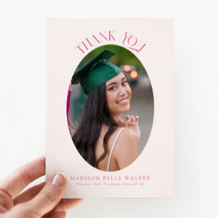 Elegant Pink Oval Graduation Photo Thank You Card
