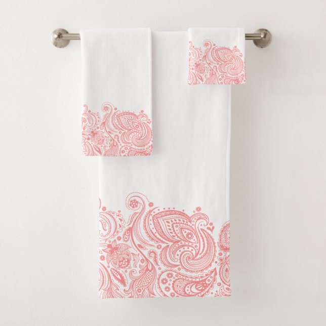 Elegant Pink Paisley Floral Stripe Bath Towel Set (Insitu)