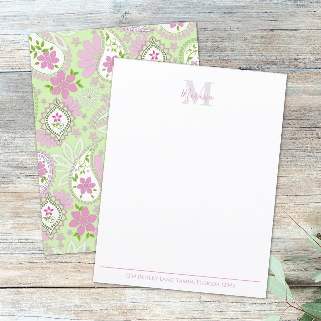 Elegant Pink Paisley Stylish Preppy Monogram Green (Creator Uploaded)