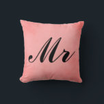 Elegant Pink Parchment Mr and Mrs Cushion<br><div class="desc">Add decorative marital bliss to your home with elegant pink parchment "Mr. and Mrs." pillows.  Displaying a lovely pink parchment design with "Mr" written in cursive black font,  you can customise this pillow as much as you like..</div>