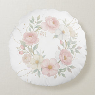 Elegant Pink Pastel Floral Wreath Botanical Design Round Cushion