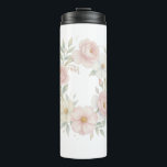 Elegant Pink Pastel Floral Wreath Botanical Design Thermal Tumbler<br><div class="desc">Soft pastel floral wreath with delicate pink and cream flowers, fresh green leaves and elegant flowing gold lines. This romantic botanical design creates a light, dreamy aesthetic perfect for wedding invitations, greeting cards, feminine stationery, wall art, and modern home decor. Ideal for spring themes, bridal showers, baby showers, and elegant...</div>
