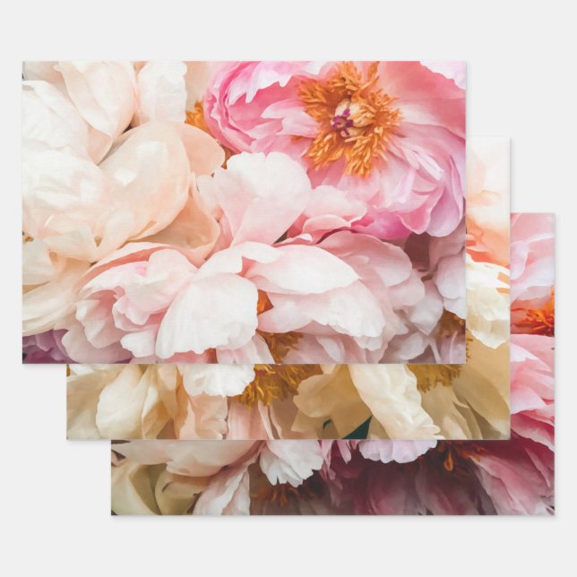 Elegant Pink, Peach and Cream Peonies Wrapping Paper Sheet (Set)