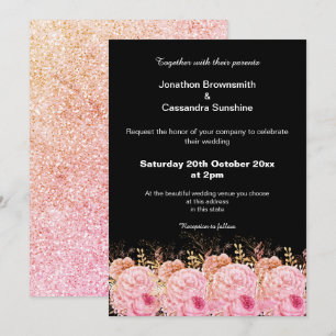 ELEGANT PINK PEACH BLACK FLORAL GLITTER WEDDING INVITATION