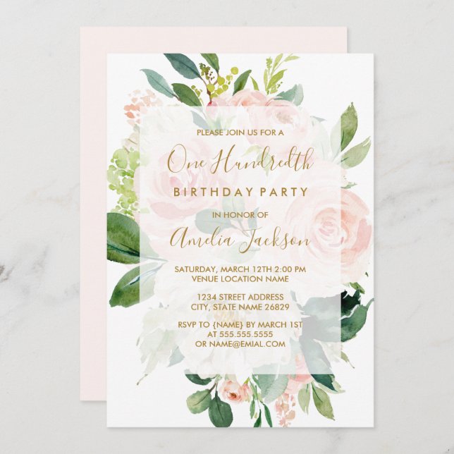Elegant Pink Peach Bloom 100th Birthday Party Invitation (Front/Back)