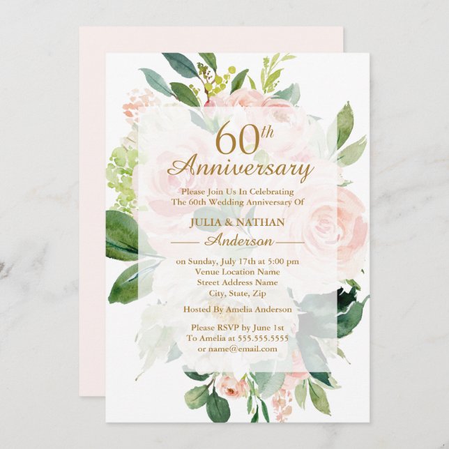 Elegant Pink Peach Bloom 60th Wedding Anniversary Invitation (Front/Back)
