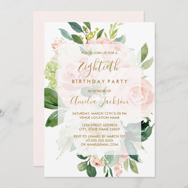Elegant Pink Peach Bloom 80th Birthday Party Invitation (Front/Back)