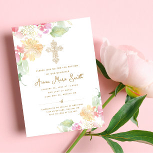 Elegant Pink Peach Floral Ornate Cross Baptism Invitation