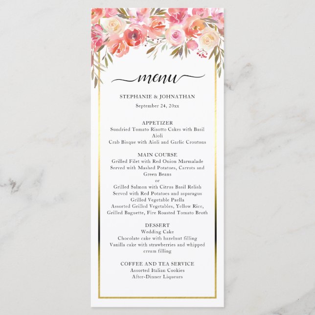Elegant Pink Peach Floral Watercolor Gold Wedding  Menu (Front)