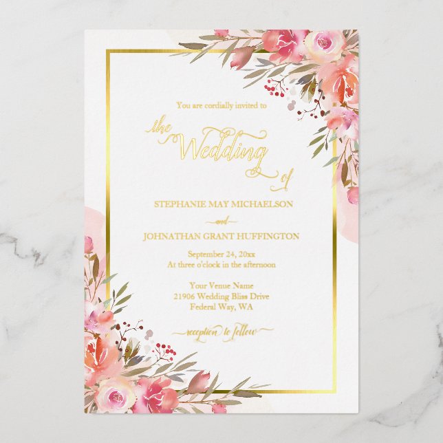 Elegant Pink Peach Floral Watercolor Wedding Gold (Front)