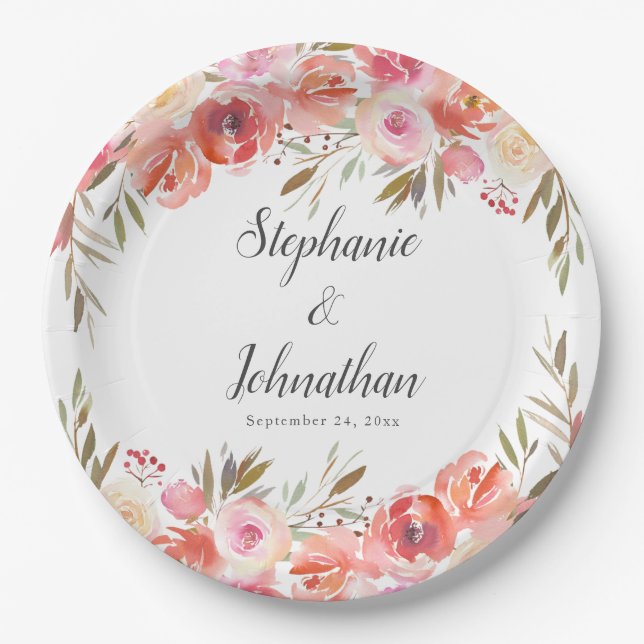 Elegant Pink Peach Floral Watercolor Wedding Paper Plate (Front)
