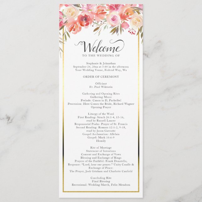 Elegant Pink Peach Floral Watercolor Wedding Programme (Front)