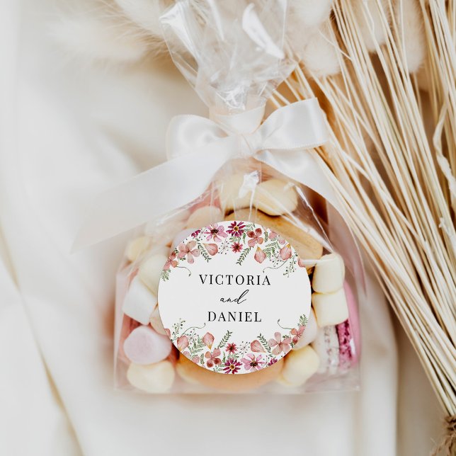 Elegant Pink Peach Floral Wedding Favours  Classic Round Sticker (Creator Uploaded)