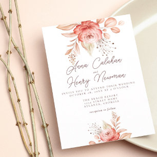 Elegant Pink Peach Watercolor Roses Leaves Wedding Invitation