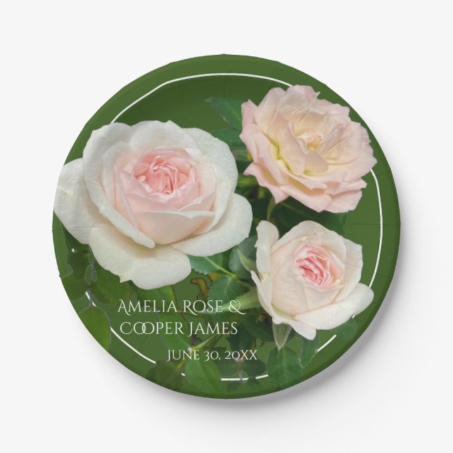 Elegant pink peach white roses floral  paper plate (Front)
