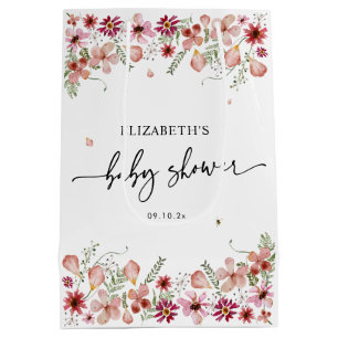Elegant Pink Peach Wildflowers Baby Shower Medium Gift Bag