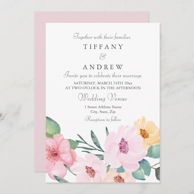 Elegant Pink Peach Yellow Floral Wedding Invite (Front/Back)