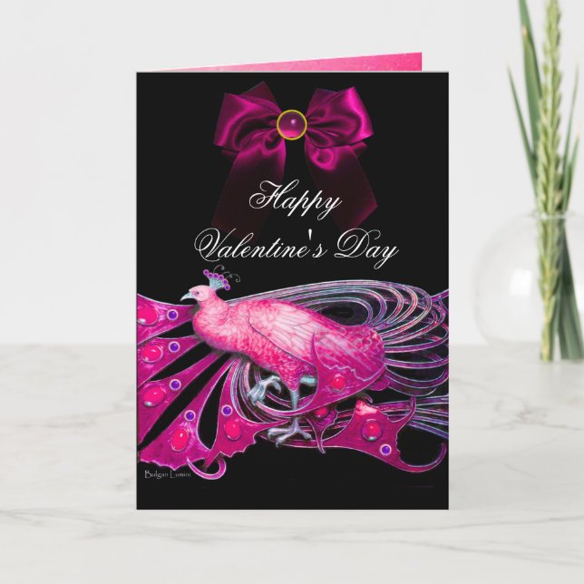 ELEGANT PINK PEACOCK,BOW,GEM STONE,VALENTINE'S DAY HOLIDAY CARD (Front)