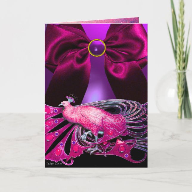 ELEGANT PINK PEACOCK,GEMSTONE FUCHSIA BOW Easter Holiday Card (Front)