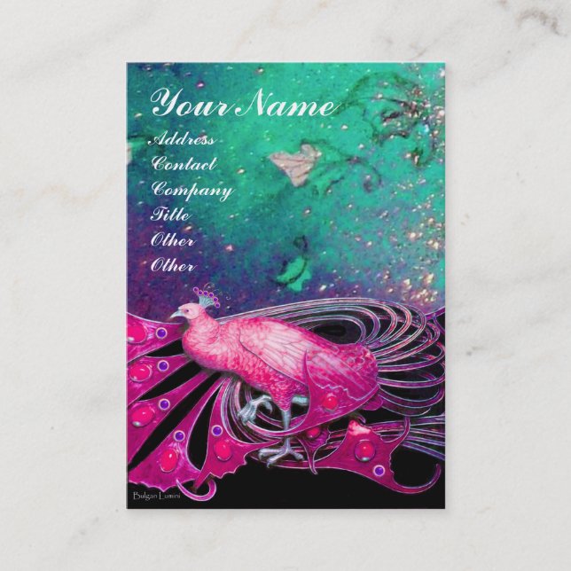 ELEGANT PINK PEACOCK IN GREEN BLUE FLORAL SPARKLES BUSINESS CARD (Front)