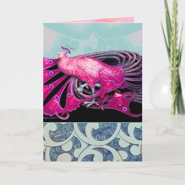 ELEGANT PINK PEACOCK WITH BLUE GEOMETRIC SWIRLS HOLIDAY CARD (Front)