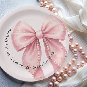 Elegant Pink Pearl Bow Baby Shower Paper Plate