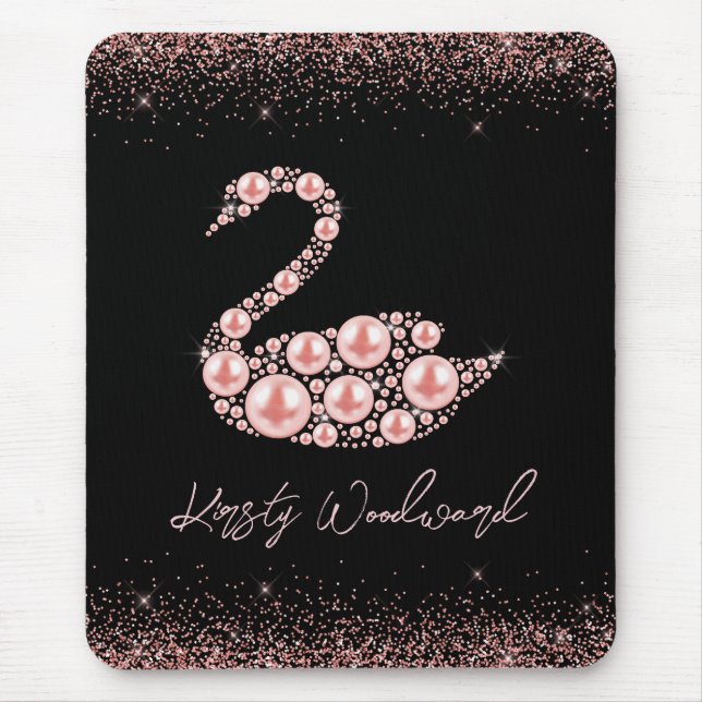 Elegant Pink Pearl Swan on Black Background Mouse Pad (Front)