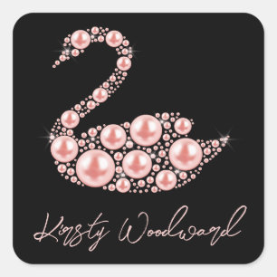 Elegant Pink Pearl Swan on Black Background Square Sticker