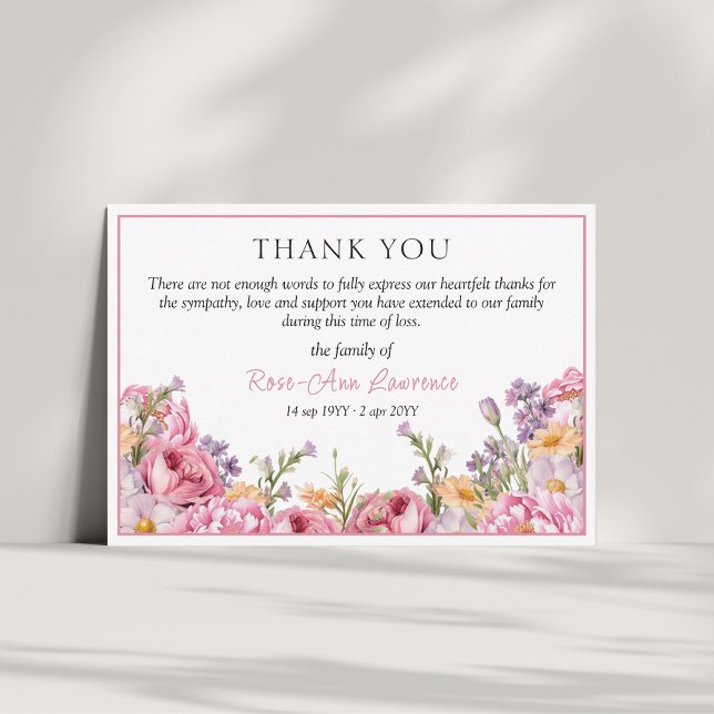 Elegant pink penies floral sympathy funeral thank you card (Creator Uploaded)