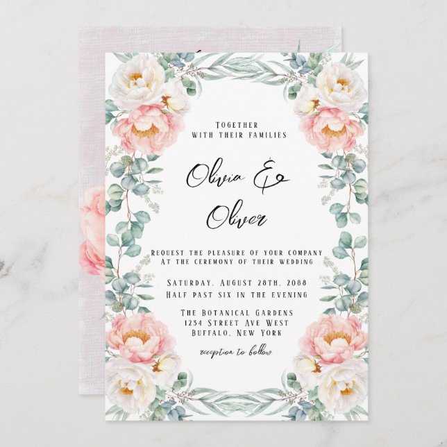 Elegant Pink Peonies and Eucalyptus Wedding  Invitation (Front/Back)