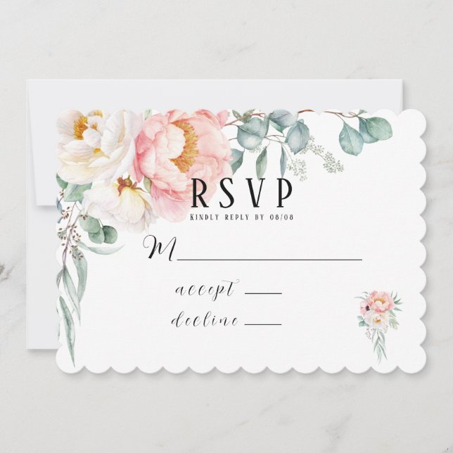 Elegant Pink Peonies Eucalyptus RSVP Cards (Front)