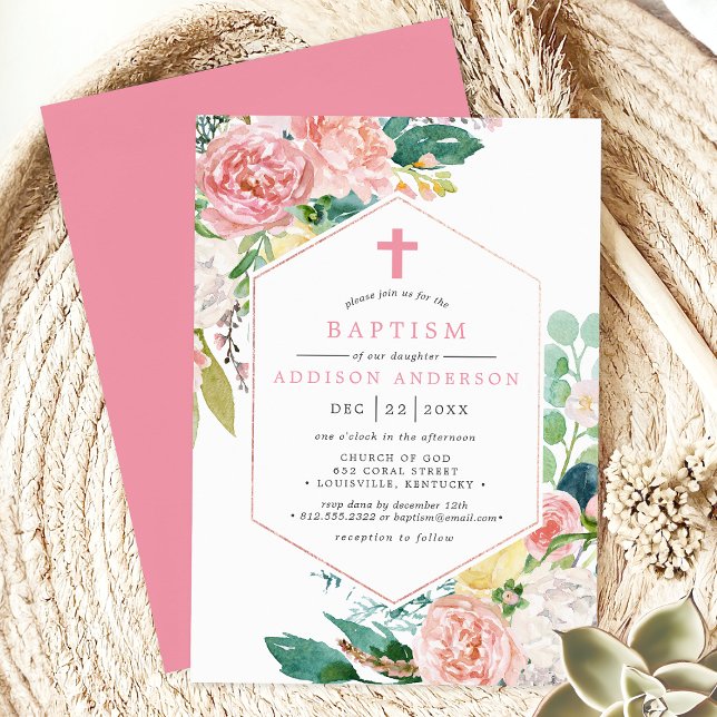 Elegant Pink Peonies Floral Geometric Cross Invitation (Creator Uploaded)