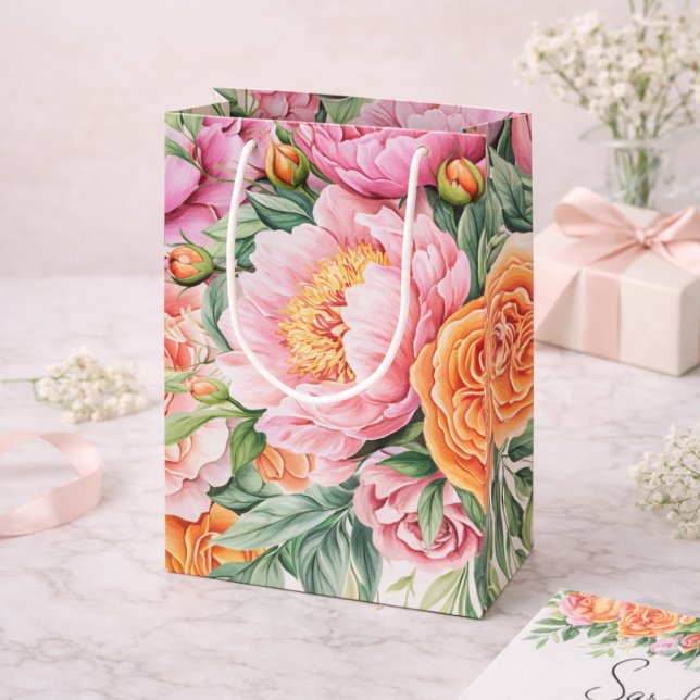 Elegant Pink Peonies Floral Gift Bag | Feminine (Creator Uploaded)