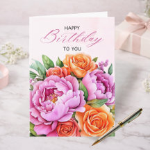 Elegant Pink Peonies Floral Happy Birthday Card