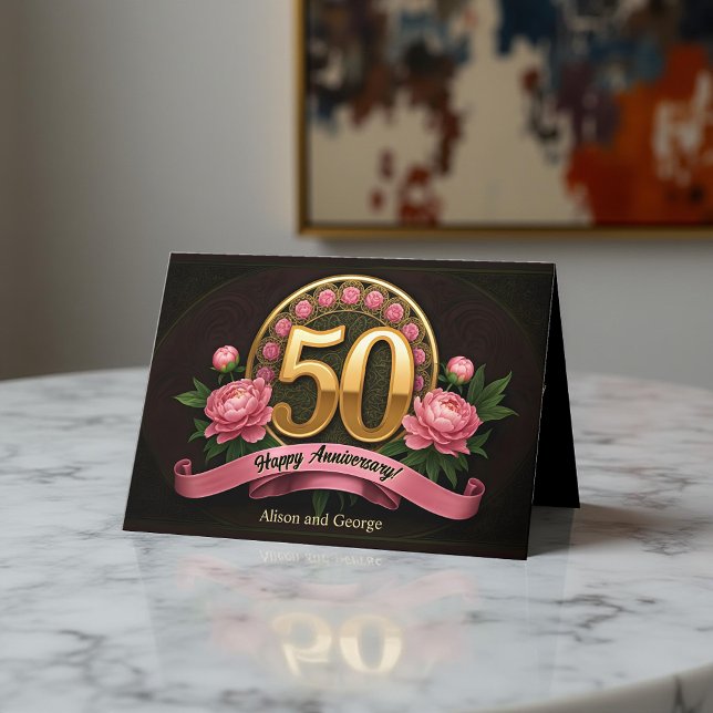Elegant Pink Peonies Gold 50th Wedding Anniversary Card (Creator Uploaded)