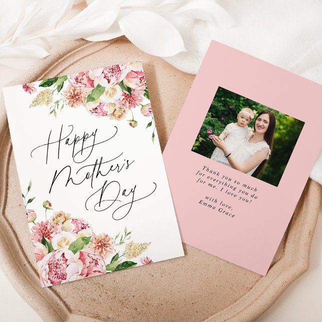 Elegant Pink Peonies Photo Mother's Day Holiday Card (Creator Uploaded)