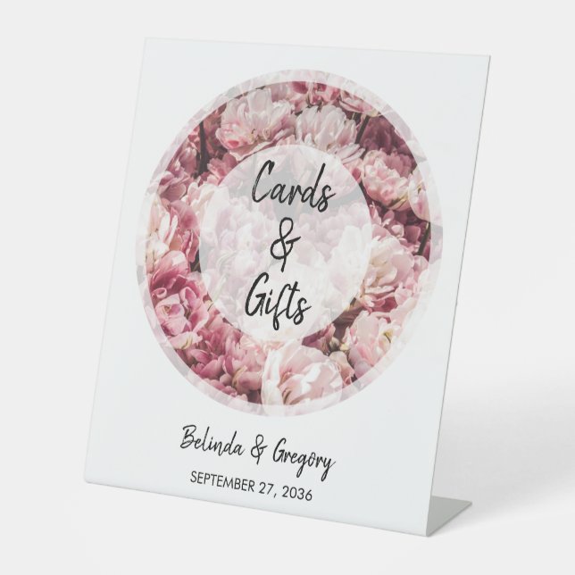 Elegant Pink Peonies Wedding Cards & Gifts Pedestal Sign (Front)
