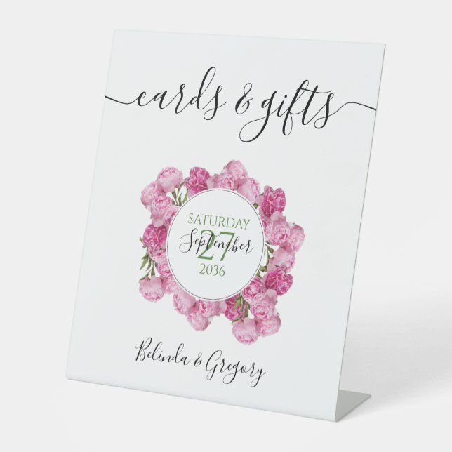 Elegant Pink Peonies Wedding Cards & Gifts Pedestal Sign (Front)